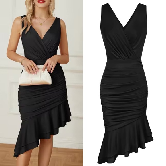 GRACE KARIN  Ruched Bodycon Black Dress Sleeveless Wrap V-Neck Ruffle Hem 2XL - Picture 1 of 16